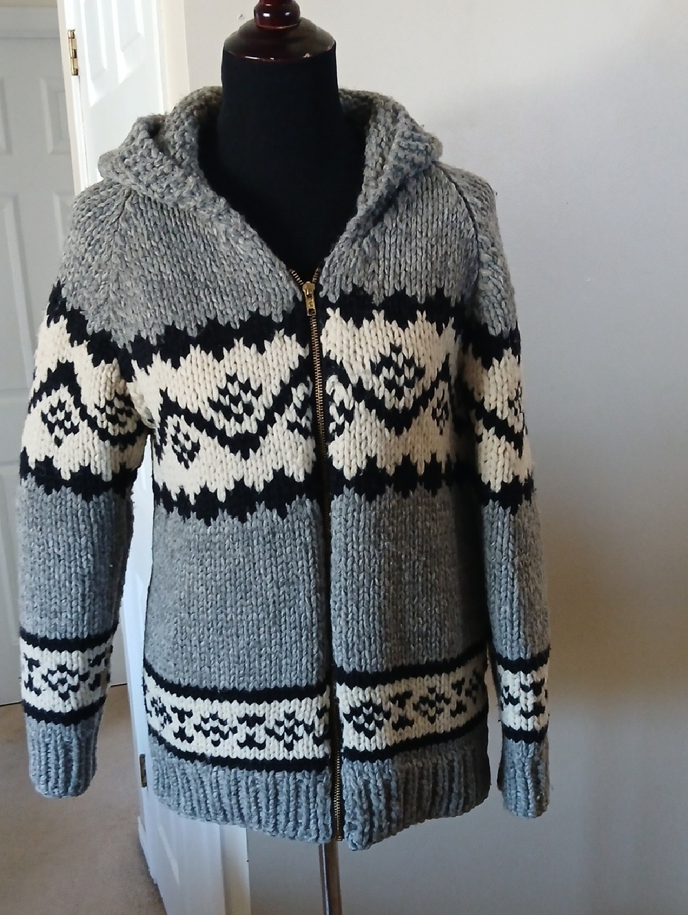 Handmade Grey Hooded Zip-Front Fair Isle Design Sweater